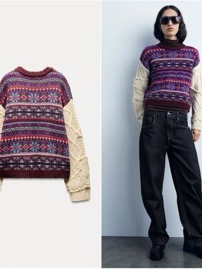 Zara Multicolor Fair Isle Crewneck Sweater with Cream Cable Sleeves